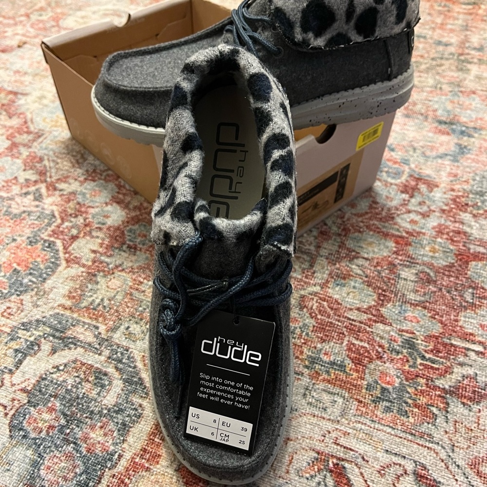 *New* Hey Dude Britt Grey Wool with Leopard and Navy Accents